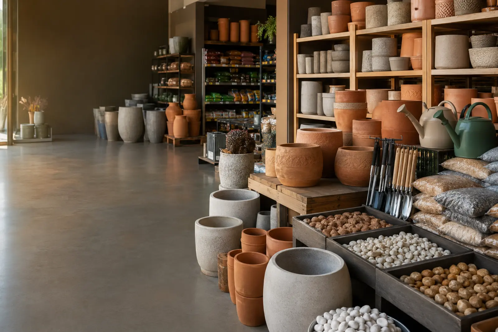 Showroom de insumos para jardinagem com vasos e pedras decorativas